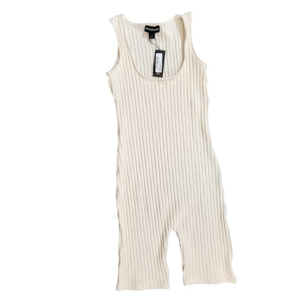 PrettyLittleThing Pants - Pretty Little Things Ribbed Cream Short Jumpsuit Size 12